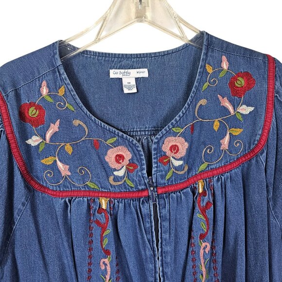 Go Softly Embroidered Patio Dress 1X Floral Zip Kaftan Cottagecore Prairie - Picture 3 of 10